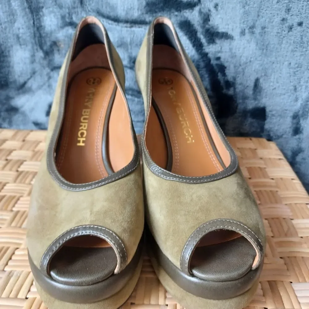 Tory Burch  Green 70s Peep Toe Leather & Suede Platform Pumps 9.5 M - Picture 9 of 10